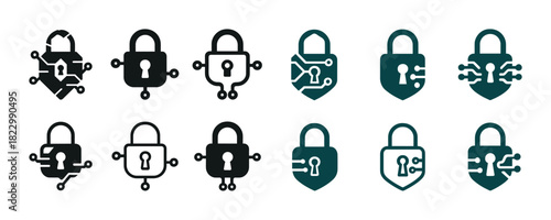 Digital and traditional lock icon set for cybersecurity and privacy design