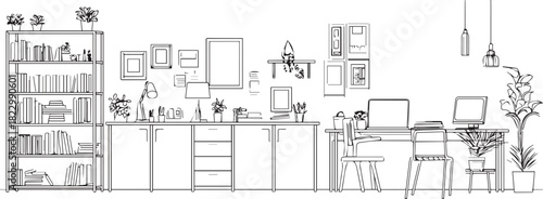 Cozy Home Office Space: An inviting home office space, filled with decorative items and plants. The minimalist, clean lines add charm to the image, promoting productivity and creativity.