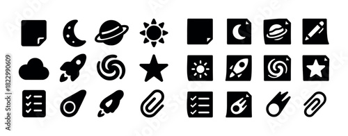 Celestial and office icons: sun, moon, planets, stars, and stationery symbols