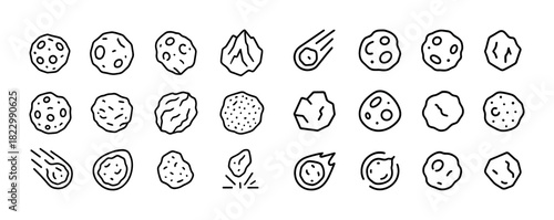 Collection of simple asteroid and meteor icons in black and white