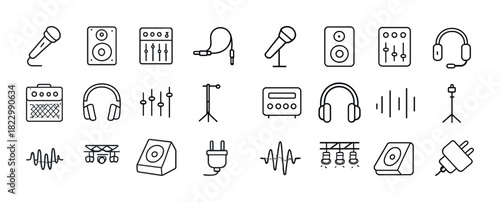 Line art audio equipment icons collection: microphone, speaker, headphones, mixer, plug