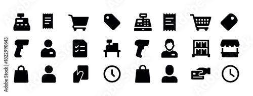 Retail icon set: shopping, checkout, inventory, payment, cart, barcode, cash register
