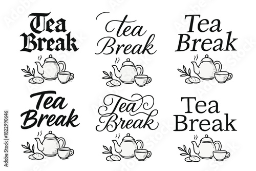 Tea Break Styles. Tea Break. Create a calligraphy lettering illustration of the phrase: Tea Break. Render 6