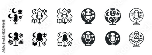 Podcast icon set: microphone, moon, stars, plants, masks, book symbols