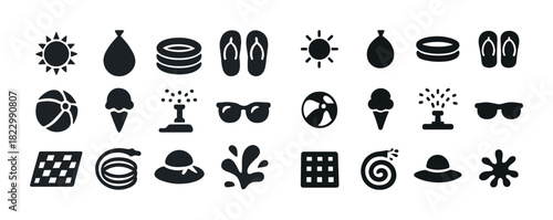 Set of summer symbols: sun, flip-flops, sunglasses, beach icons in black silhouette