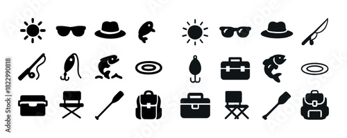 Fishing and outdoor equipment icons: sunglasses, hat, fish, backpack, chair, paddle