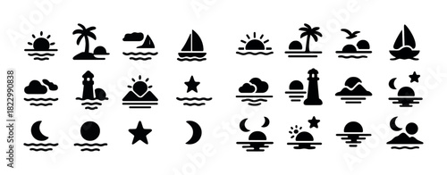 Silhouette icon set of ocean sunsets, boats, and lighthouses