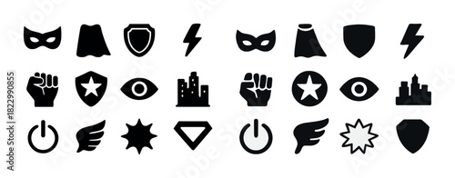 Superhero icons: masks, shields, lightning, fists, capes, stars, eyes, buildings, wings