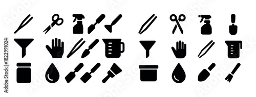Collection of gardening and household tool icons in black silhouette