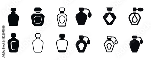 Set of twelve black and white perfume bottle icons in various shapes