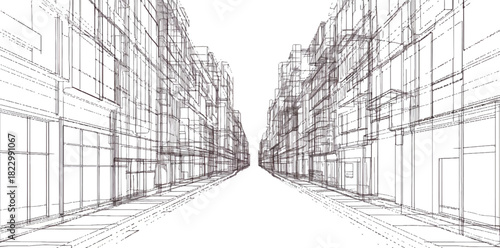 Architectural Perspective of an Urban Street: An artistic linear depiction of buildings creating a sense of depth and perspective down a city street.