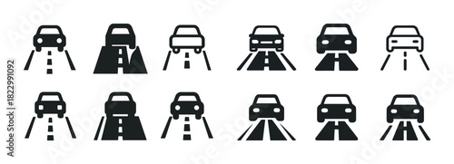 Set of twelve monochrome car and road icons in various styles
