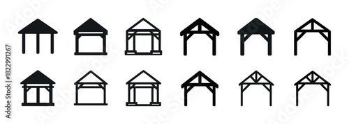 Collection of black and white roof icons with gable structures