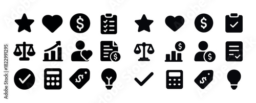 Collection of symbol icons: finance, love, law, and ideas