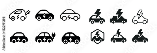 Electric vehicle icon set: charging symbols and lightning bolts