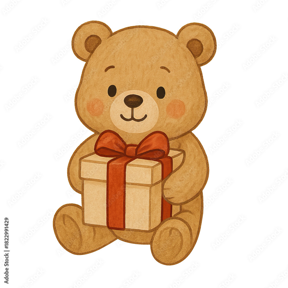 Fototapeta premium Cute Bear with Gift Box in Adorable Cartoon Style Illustration