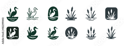 Stylized heron and cattail icons in various circular and square designs