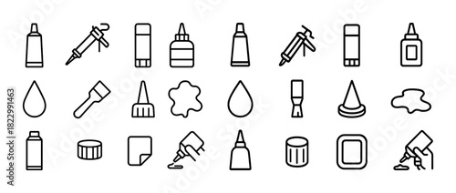 Black line icons of glue bottles, droppers, brushes, and tools for craft and diy projects