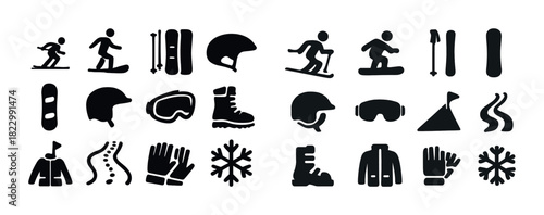 Winter sports icons set featuring skiing snowboarding gear and cold weather essentials
