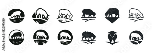 Black and white sheep icon set in various stylized designs
