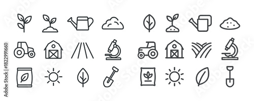 Set of agriculture icons: plants, tractor, microscope, sun, barn, soil