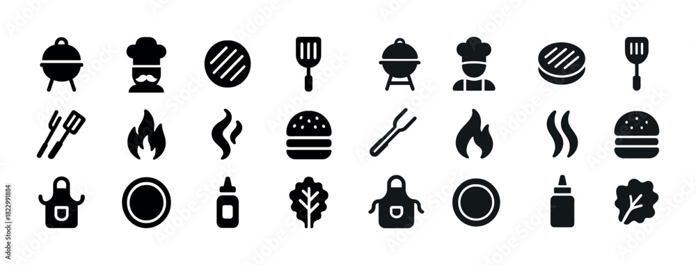Naklejka premium Bbq icons collection: grills, chefs, burgers, and cooking utensils in black silhouettes