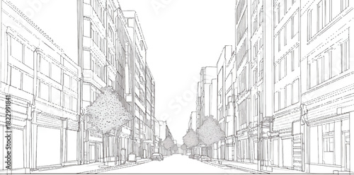 Cityscape Blueprint: Architectural lines define a perspective view, drawing attention to a city's street with buildings, structures, and urban design elements.