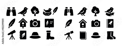Nature exploration icons set: birds, trees, cameras, telescopes, and more