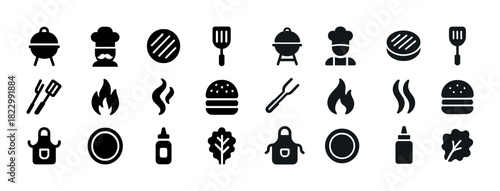 Bbq icons collection: grills, chefs, burgers, and cooking utensils in black silhouettes