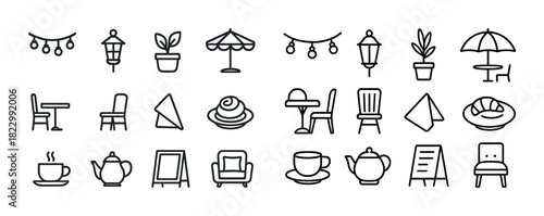 Icon set of outdoor furniture and decor elements for gardens and patios