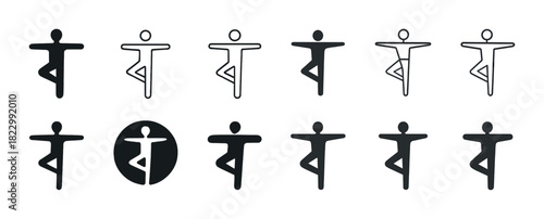 Silhouette and outline pictograms of human figure in tree pose