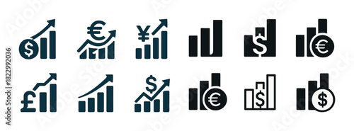 Currency and financial growth icons: dollar, euro, yen, pound, charts, and graphs