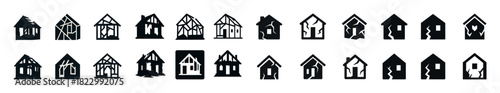 Silhouette icons of damaged houses with various structural issues