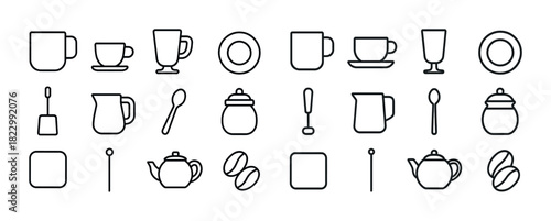 Minimalist coffee and tea icons set with cups utensils and beans