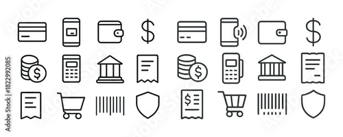 Minimalist payment and finance icons set featuring cards wallet shopping cart and currency symbols