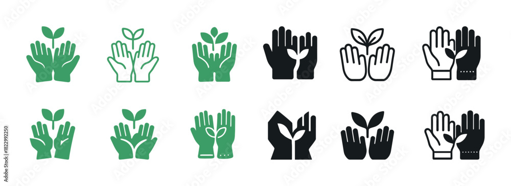 Fototapeta premium Eco-friendly icons: hands holding growing plants in various styles