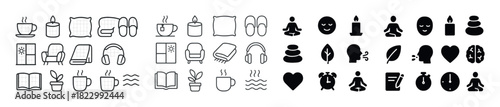 Minimalist line and solid icons of yoga, relaxation, and wellness