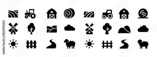 Set of black farm icons: tractor, barn, windmill, cloud, sheep, nature elements