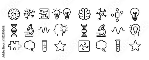 Science and innovation icons: brain, bulb, microscope, dna, puzzle, neuron, flask