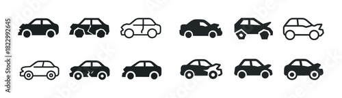 Set of car crash icons in various styles and designs