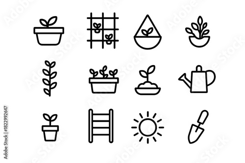 Urban Gardening Icons. Urban vertical gardening. Line outline icon set of urban vertical gardening:
