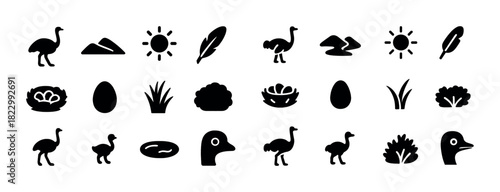 Ostrich silhouette icons set with eggs, nests, and nature elements