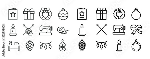 Holiday icon set: gifts, wreaths, candles, decorations, crafts