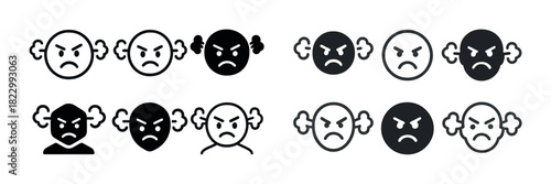 Set of angry emoji faces with exhaling smoke in various styles