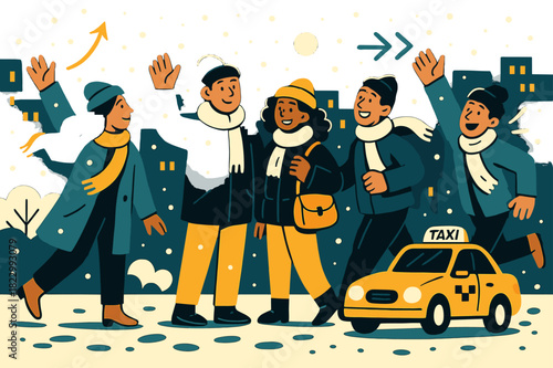 Urban Winter Wait. Street wait in snow. People in winter attire waiting for a taxi, footprints in snow, soft