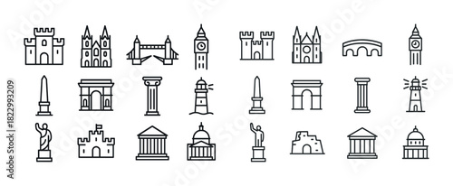 Icon set of famous architectural landmarks and structures in line art style