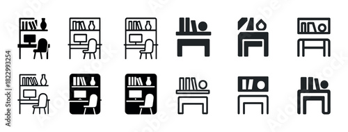 Office desk and bookshelf icons set in various styles