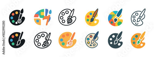 Colorful art palettes and brushes collection in various modern styles