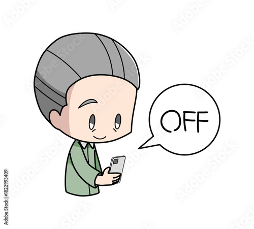 寝る前にスマートフォンの電源を切る高齢男性のイラスト