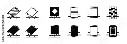Set of microchip and circuit board icons in black and white design